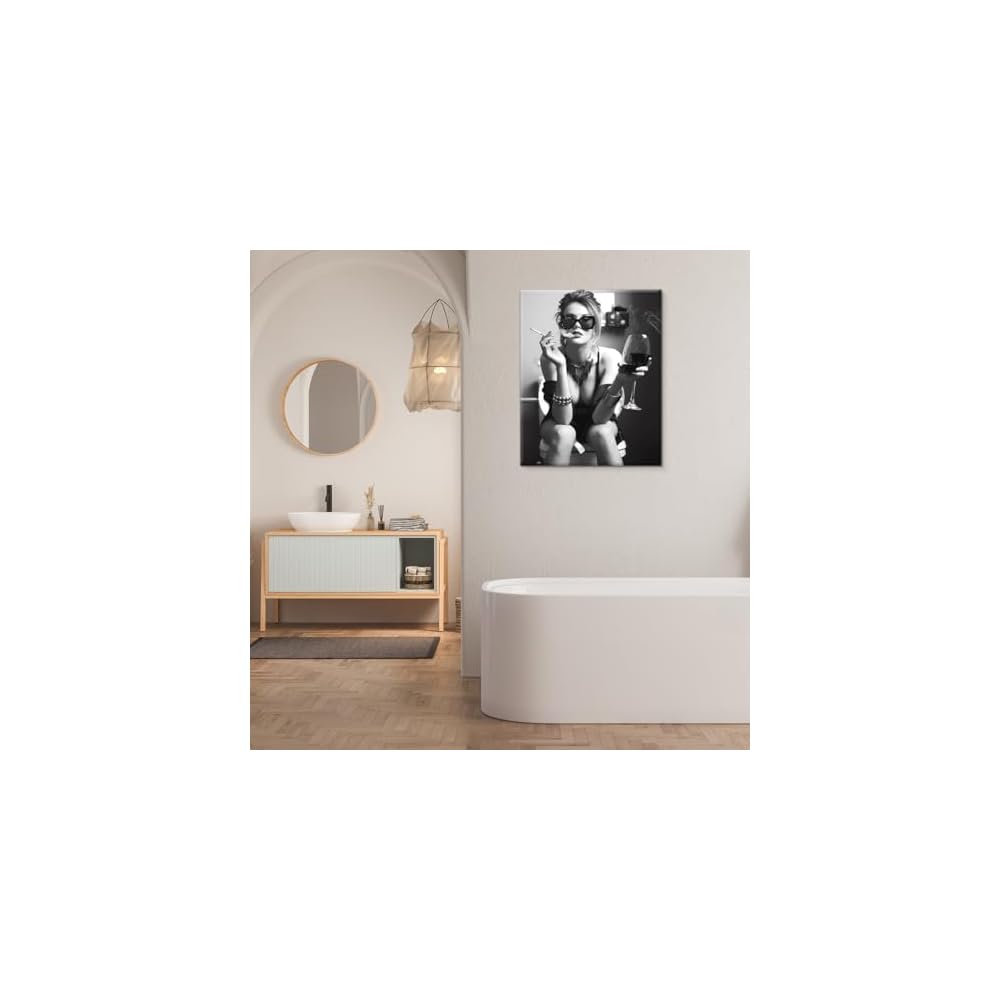 Funny Trendy Girl Bathroom Wall Art Girl on Toilet Picture Funny Restroom Poster Artwork Bathroom Wall Decor Black and White 8X10 Inches