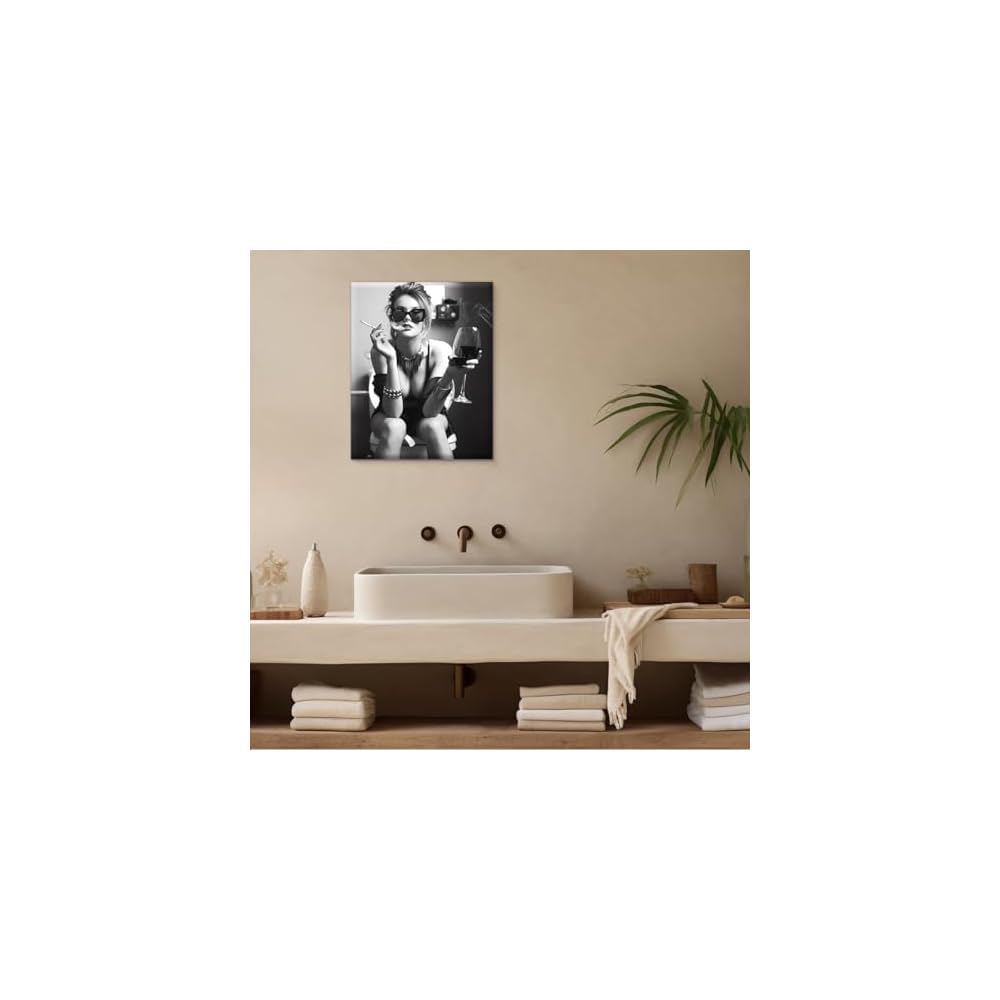 Funny Trendy Girl Bathroom Wall Art Girl on Toilet Picture Funny Restroom Poster Artwork Bathroom Wall Decor Black and White 8X10 Inches