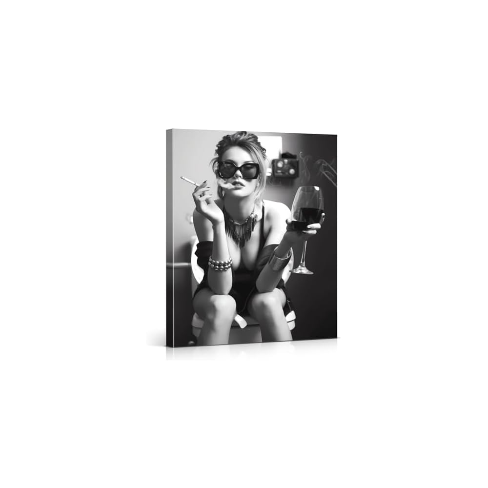 Funny Trendy Girl Bathroom Wall Art Girl on Toilet Picture Funny Restroom Poster Artwork Bathroom Wall Decor Black and White 8X10 Inches