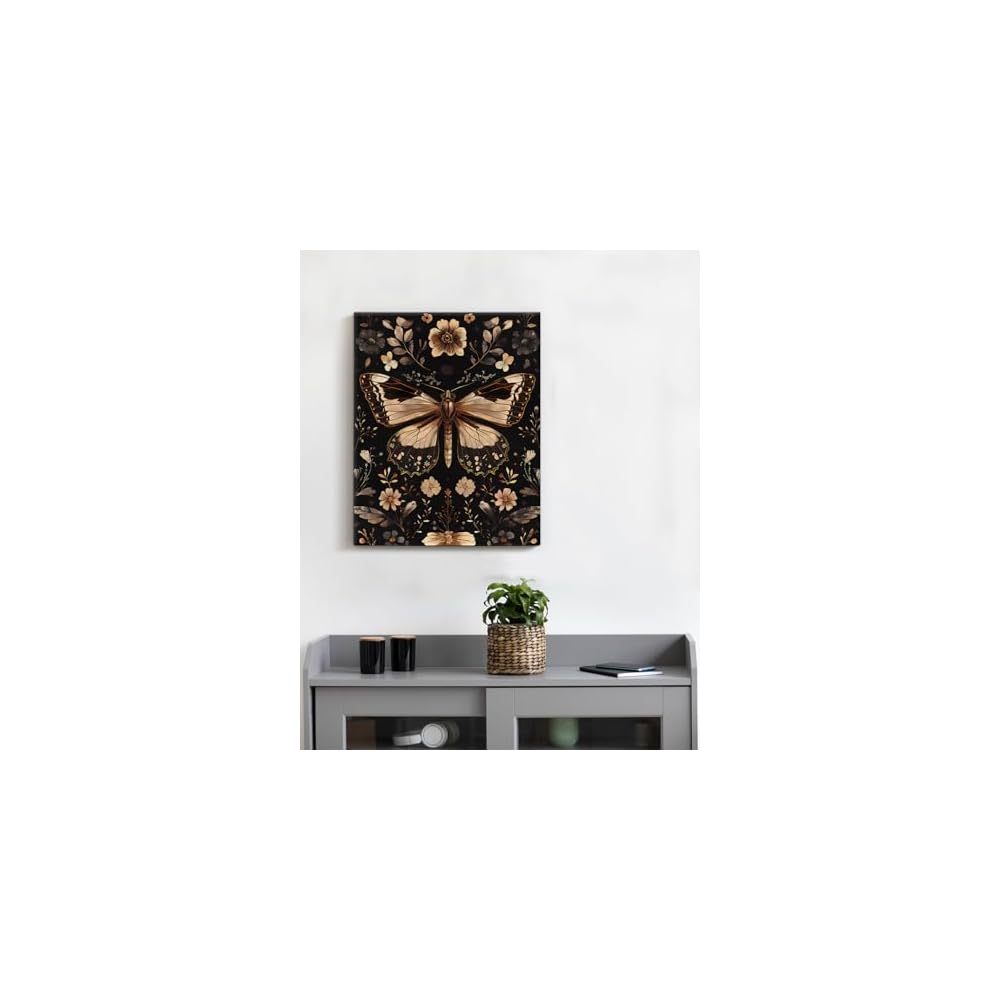 Botanical Black Butterfly Wall Art Decor Floral Butterfly Dark Academia Canvas Print Poster Framed Painting Wall Decoration for Home Farmhouse Living Room Bedroom 8x10 Inch