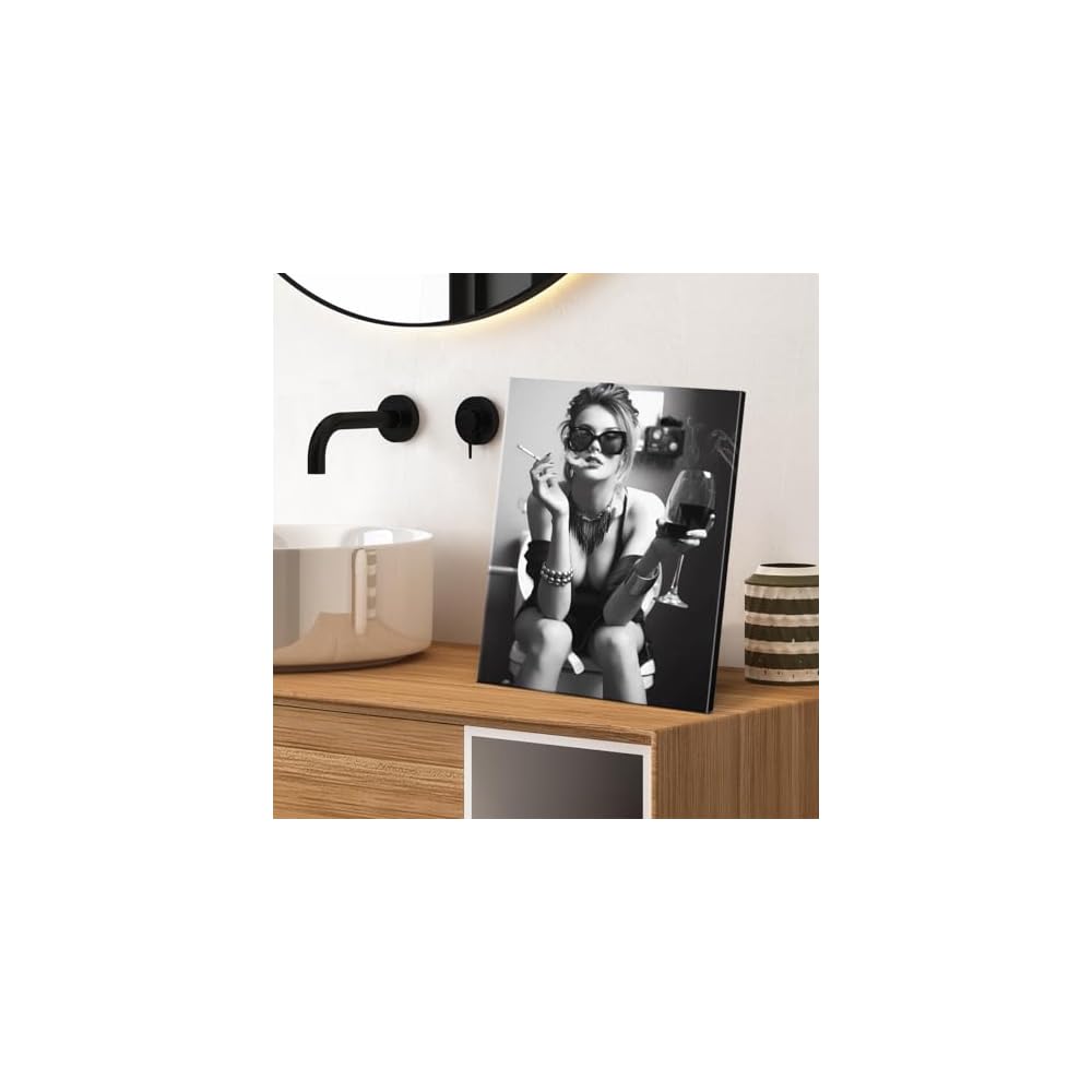 Funny Trendy Girl Bathroom Wall Art Girl on Toilet Picture Funny Restroom Poster Artwork Bathroom Wall Decor Black and White 8X10 Inches