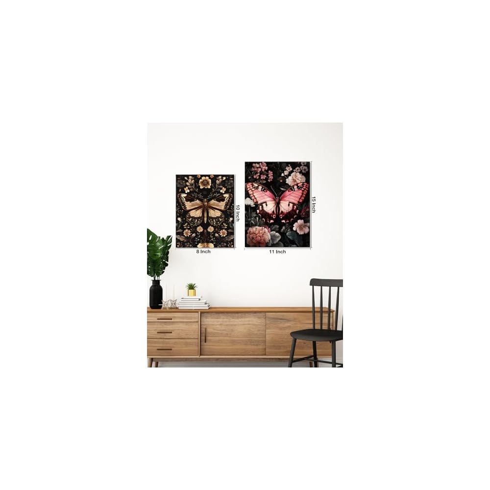 Botanical Black Butterfly Wall Art Decor Floral Butterfly Dark Academia Canvas Print Poster Framed Painting Wall Decoration for Home Farmhouse Living Room Bedroom 8x10 Inch