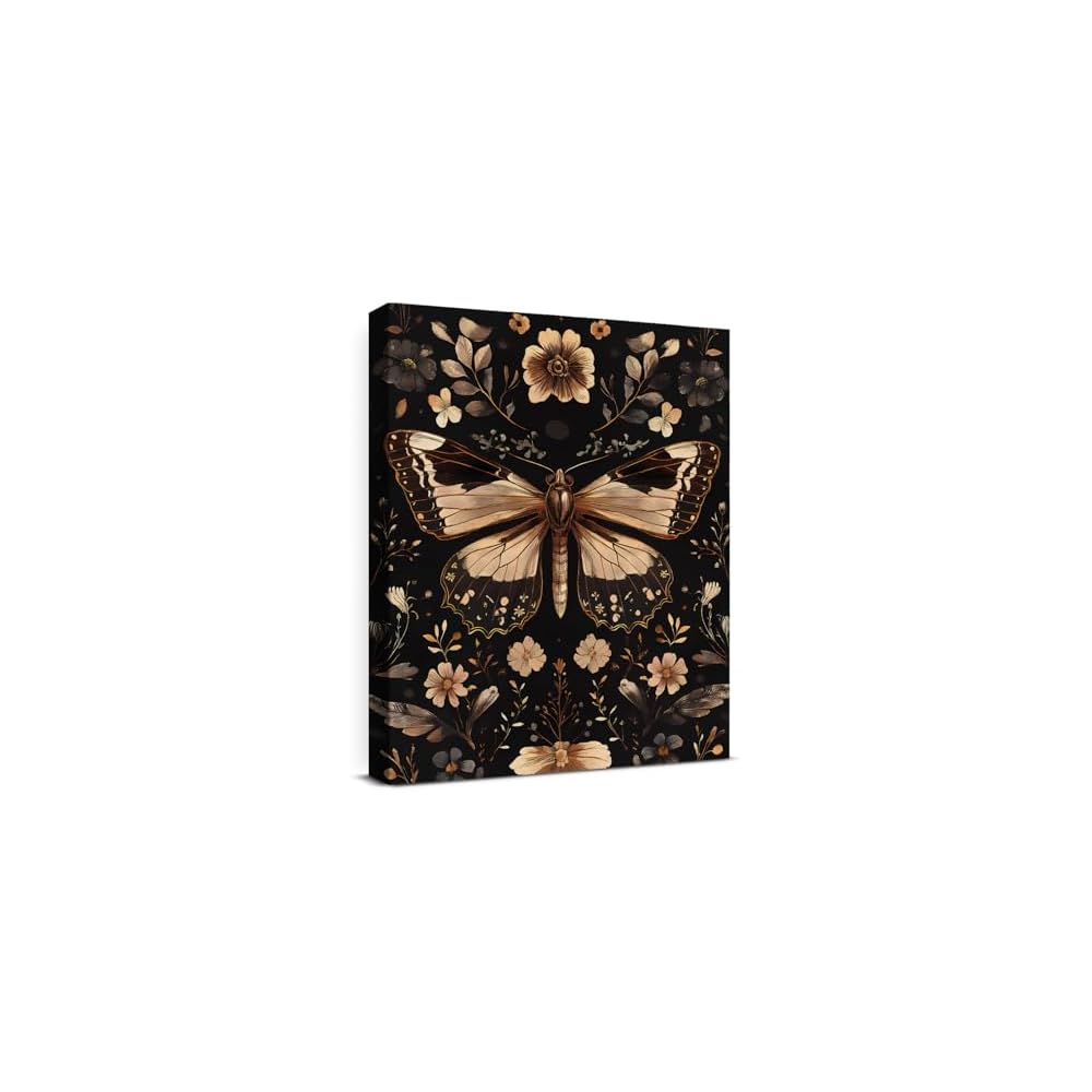 Botanical Black Butterfly Wall Art Decor Floral Butterfly Dark Academia Canvas Print Poster Framed Painting Wall Decoration for Home Farmhouse Living Room Bedroom 8x10 Inch