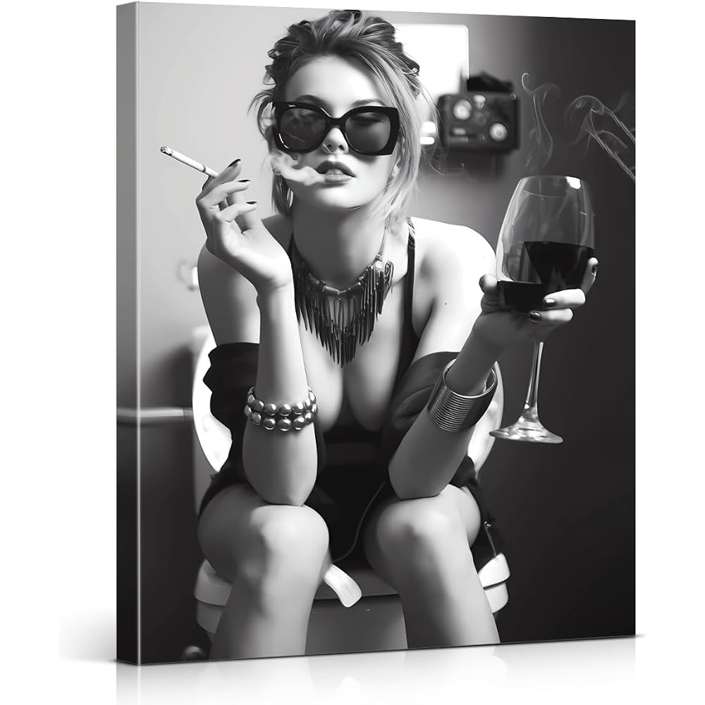 Funny Trendy Girl Bathroom Wall Art Girl on Toilet Picture Funny Restroom Poster Artwork Bathroom Wall Decor Black and White 8X10 Inches