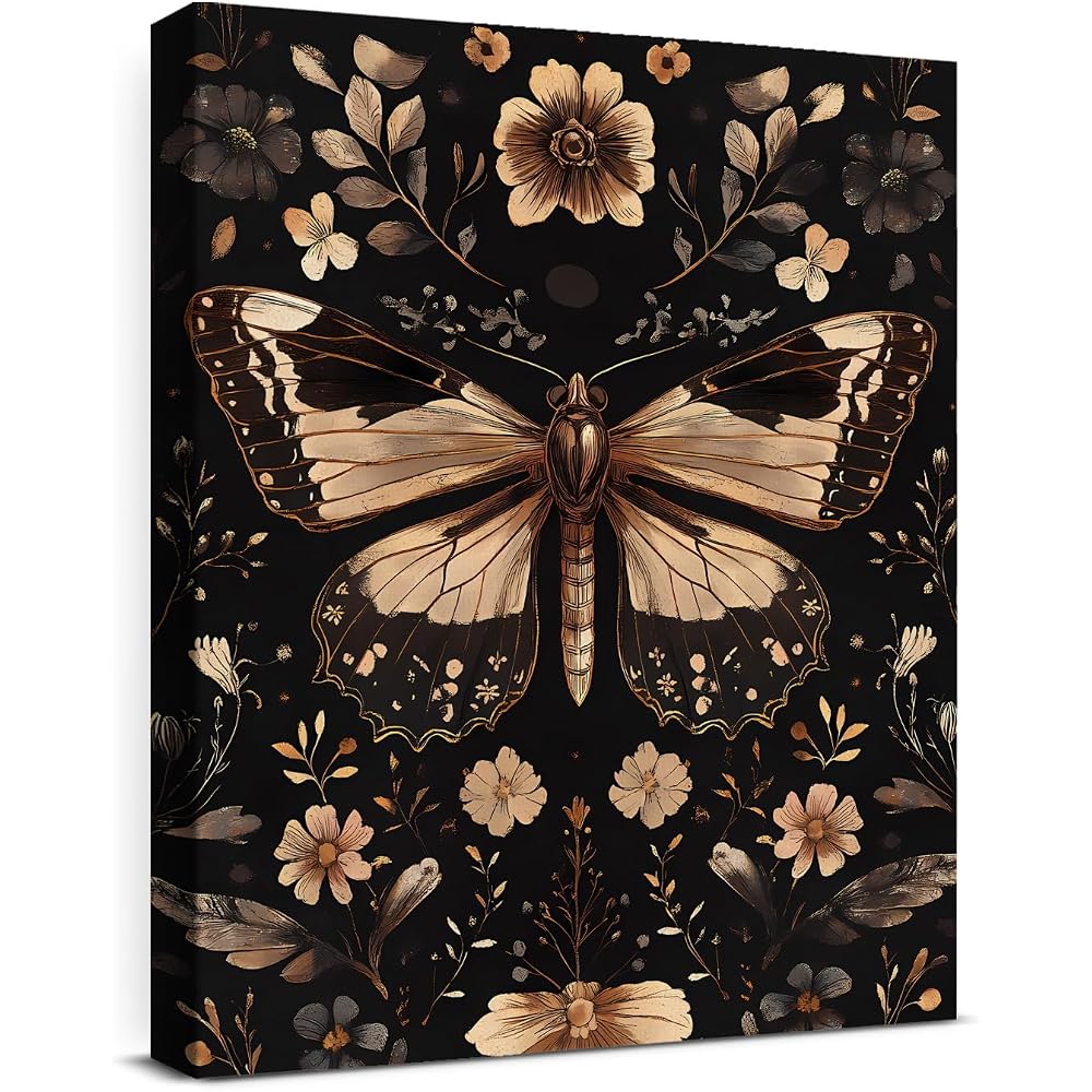 Botanical Black Butterfly Wall Art Decor Floral Butterfly Dark Academia Canvas Print Poster Framed Painting Wall Decoration for Home Farmhouse Living Room Bedroom 8x10 Inch